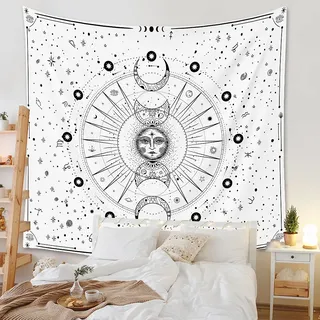 Arawat Wandteppich Mondphasen Wandtuch Weiß Wandteppich Mond Wanddeko Psychedelic Teppich Gothic Wandteppiche Tapestry Trippy Wandtuch Wandbehang Wand Deko (150 x 200cm)