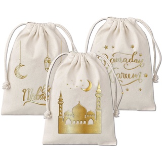 Papierdrachen 3 Geschenksäckchen zu Ramadan - aus Baumwolle - wunderschön und hochwertig Gold Bedruckt - ideal zum Verpacken von Geschenken - Größe 20x30 cm mit Zugband Set 2