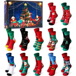 Adventskalender Socken Damen 12 Paar Baumwolle Kuschelsocken Winter Warm Xmas Motive Geschenk 36-42