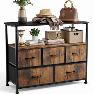 DUMOS Kommode mit Schubladen - kommoden & Sideboards für Schlafzimmer Geeignet, Komodenschrank mit 5 Schubladen, TV-Schrank mit Stahlrahmen,Schrank Klein, Ideal für Flur, Wohnzimmer (Vintagebraun)