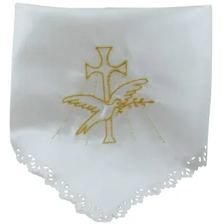 Kerzentuch 34 x 34 cm aus SATIN – mit goldfarbener BESTICKUNG von KREUZ & TAUBE – für KOMMUNION, TAUFE & HOCHZEIT – edles KERZENRÖCKCHEN für FESTKERZEN – MaMeMi Markenqualität