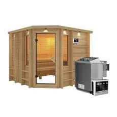 KARIBU Sauna »Windau«, inkl. 9 kW Bio-Kombi-Saunaofen mit externer Steuerung, für 4 Personen - beige