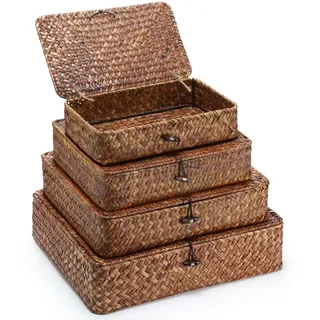 Didaey Set mit 4 Seegras-Körben mit Deckel, Weidenkorb, deko Aufbewahrungsboxen mit Deckel, flache Aufbewahrungskörbe, gewebte Organizer-Körbe für Regal, Schrank, Schlafzimmer, 4 Größen (Dunkelbraun)