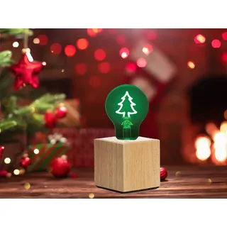 Kleine Tischlampe Würfel Holz 9x9cm mit Deko LED Glühbirne Weihnachtsbaum Grün - Braun