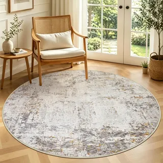Capslpad Abstrakt Teppich Rund 135cm Waschbarer, Beige | Kurzflor Rutschfest Waschbarer Runder Teppiche, Weich Boho Wohnzimmerteppich für Wohnzimmer Schlafzimmer Büro Esszimmer