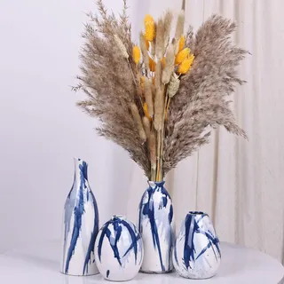 Set mit 4 blauen und weißen Keramikvasen – moderne Bauernhaus-Vasen in Marineblau, dekorative kleine Vasen für Zuhause, Büro, Wohnzimmer, Tischdekoration – ideale Tafelaufsätze für Blumen, Regale und