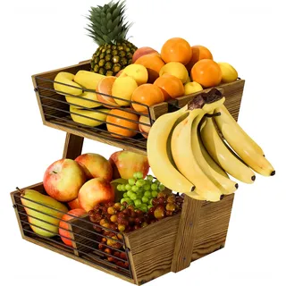 NiHome Obstkorb Holz 2 Etagen, Obstständer mit Haken, Etagere Küche, Braun