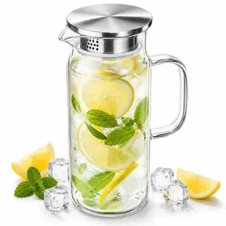 Wilmax Glaskaraffe mit Deckel aus Edelstahl, Wasserkaraffe 1000 ml