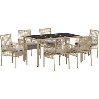 7-teiliges Garten-Dining-Set mit Kissen Beige Poly Rattan, Gartenstühle DesignMöbel Neu - Beige