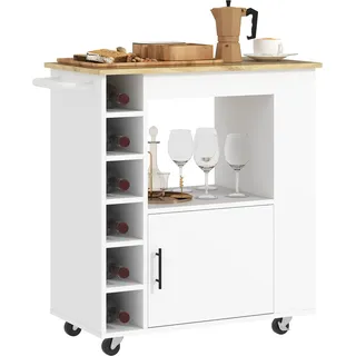 Küchenwagen Servierwagen mit Arbeitsplatte, Ablagen, Weinregalen, Küchenschrank Rollwagen mit Soft-Close-Scharnieren, Griff, Kücheninsel für Büro, 83x40x83cm, Eiche