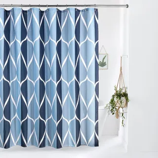 VANZAVANZU Geometrisch Duschvorhang mit Metall Duschvorhangringe Stoff Textil Badewannenvorhang Anti Schimmel Bad Vorhang Set Wasserdicht Schwerer Badewanne Vorhang - 182 x 182cm (Blau)