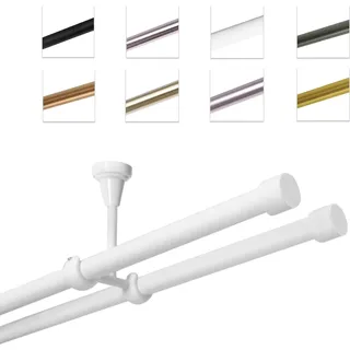 Gardinenstange Vorhangstange 19 mm mit Endkappen, einfache Montage, Decke, 2-läufig, Weiß Glänzend, 180 cm - Weiß