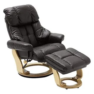 Robas Lund Relaxsessel Calgary mit Hocker, bis 130 kg belastbar, drehbarer Fernsehsessel mit Liegefunktion, Echtleder braun, Gestell Holz natur
