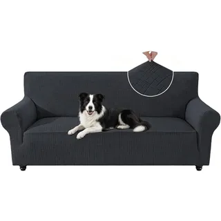 Sofa Überzug Stretch, Rutschfest Couch Überzug, Sofa Cover mit Armlehnen, Sofabezug Dicke, Sofaschutz Waschbare, Universal Couchbezug, Kratzfest Sofahüsse für Hunde, Haustiere (Dunkelgrau, 3 Sitzer)