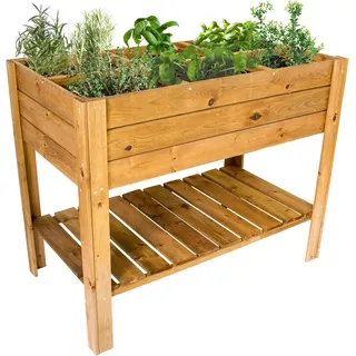Hochbeet aus Holz mit Ablage, Pflanzkasten 110 x 60 cm, Kräuterbeet mit 6 Pflanzzonen - Braun