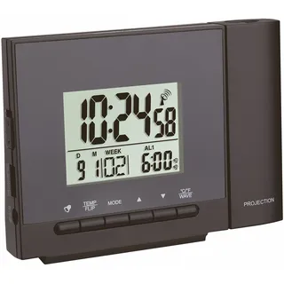 TFA Dostmann Funk-Projektionswecker, 60.5013.01, Projektion von Uhrzeit/Temperatur, zwei Alarmzeiten, Ladefunktion für Mobilgeräte, schwarz, (L) 126 x (B) 53 x (H) 93mm