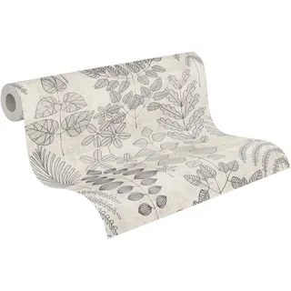 A.S. Création Florale Blätter-Vliestapete – Grau – 10,05 x 0,53 m | Florales Blätter-Motiv als natürlicher Blickfang – matte Motivtapete, einfach zu verkleben & spurlos abziehbar
