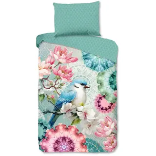 Bettwäsche , Multicolor, Hellrosa, Mintgrün , Textil , Vogel , 140x200 cm , Oeko-Tex® Standard 100, BCI (Better Cotton Initiative) , atmungsaktiv , Heimtextilien, Bettwäsche & Leintücher, Bettwäsche, Satin-Bettwäsche