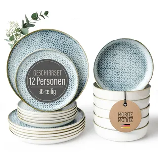 Moritz & Moritz Geschirrset 12 Personen 36-tlg. aus hochwertigem Porzellan - Modernes Tafelservice - Pflegeleichtes Geschirr Set aus je 12x Speiseteller, Dessertteller und Schalen - Serie Alhambra