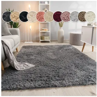 Paco Home Hochflor Teppich Wohnzimmer Fellteppich Shaggy Flauschig grau