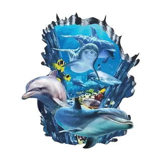 PLIGREAT 3D Zerbrochene Mauer Unterwasserwelt Delfine Wandtattoos Wall Decals für Teenager Schlafzimmer Schlafsaal Wanddekoration Strand Haus Wohnung Indoor Wall Art Decor
