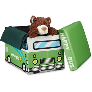 Relaxdays Faltbare Spielzeugkiste Happy Bus HBT 32 x 48 x 32 cm stabiler Kinder Sitzhocker als praktische Spielzeugbox Kunstleder mit Stauraum ca. 37 l und Deckel zum Abnehmen für Kinderzimmer, grün