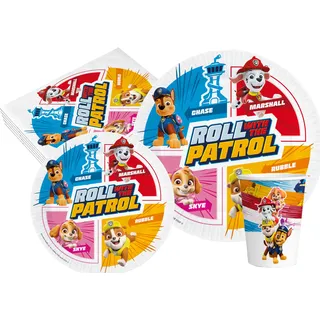Partygeschirr Party-Set Paw Patrol Roll with The Patrol für 24 Personen (112 pcs: 24 Pappteller Ø23cm, 24 Pappteller Ø18cm, 24 Becher 250ml, 40 Servietten) aus eco-Friendly kompostierbarem Papier