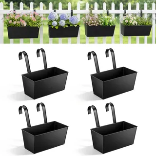 Yimomoyi 4 Stück Hängende Blumentöpfe für Balkon Geländer Zaun Garten, Metall Blumentöpfe Pflanzentöpfe Blumenkasten Pflanzkasten zum Aufhängen mit Abnehmbarem Haken (Schwarz)