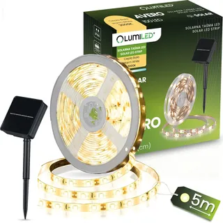 LUMILED LED Solar Streifen 5M 150 LEDs Warmweiß 3000k Strip Band IP44 Akku 1200 mAh, 8 Betriebsarten, Lichtband für Außen Garden, Wegbeleuchtung Seilleuchten, Hochzeit Garten Deko Terrasse Balkon - Schwarz