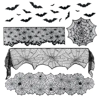 XIMEY Halloween Tischdecke, Tischdecke Spitze Schwarz, Halloween Tischdecke Spitze Deko, Schloss Horror Tischtuch, Tischdecke mit Spukhaus Dekoration Halloween Party-Dekoration (5 Artikel)