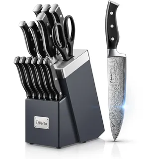 D.Perlla Messerblock mit Messer, 14-TLG Selbstschärfender Messerblock, Scharfe Messerset mit Ergonomischer und Rutschfester Griff, Edelstahl Küchenmesser Set mit Kochmesser, Brotmesser, Schere