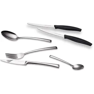 ECHTWERK Tafelbesteck "Avelino" Silber Edition, 16-teilig, Edelstahl 18/10, hochglänzend + 2-teiliges Brötchenmesser, handliches Frühstücksmesser aus Edelstahl mit Wellenschliff, schwarz