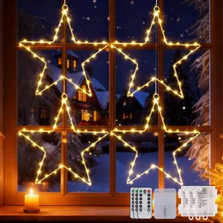 CMYK LED Weihnachtsstern Fensterlichter mit 4 Pack 40 warmweiße LED Stern Lichter Fenster Stern Weihnachtsbeleuchtung Fenster Hängeleuchten Vorhang Lichter Batteriebetrieben