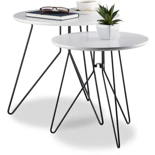 Relaxdays Beistelltisch 2er-Set, runde Satztische mit Metallgestell, Ablagetische, Tischplatte 40 u. 48 cm, weiß/schwarz