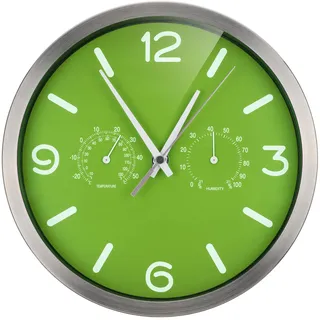 Bresser Funkuhr Wanduhr MyTime ND Thermo-Hygro mit geräuschlosem Funkuhrwerk, Edelstahlrahmen und Anzeige für Temperatur und Luftfeuchtigkeit, grün, 250x250mm