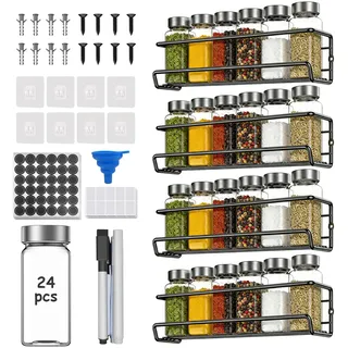 AHOMSEL Gewürzregal mit 24 Gläsern & Etiketten, kein Bohren erforderlich, hängendes Gewürzregal, geeignet zum Aufhängen an Wänden & Schranktüren, Gewürz Organizer-Set mit Flaschen & Aufklebern