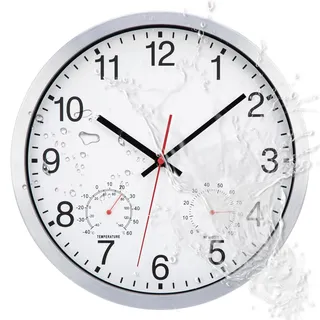 ACCSHINE Outdoor Wasserdicht Wanduhr Mit Thermometer und Hygrometer Anzeige Wanduhr Ohne TickgeräUsche Lautlos 30cm Quarz Batterie Betriebene Groß Deko Garten Wand Uhr (Weiß)