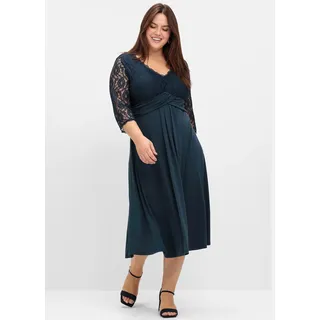 Abendkleid SHEEGO "Abendkleid", Damen, Gr. 48, Normalgrößen, blau (nachtblau), 95% Polyester, 5% Elasthan, Spitze:100% Polyamid, unifarben, wadenlang, V-Ausschnitt, Kleider Abendkleid