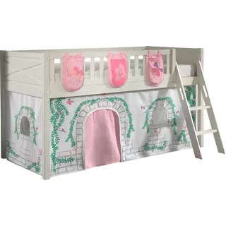 Hochbett VIPACK "Scott", weiß (weiß, beige mit floralem muster und schmetterlingen, weiß, weiß), B:134,7cm H:114cm L:207,6cm, 100% Baumwolle, Hochbetten, Hochbett, mit schräger Leiter, LF 90x200 cm, Vorhang, Tasche, 4 Designs