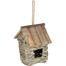 Relaxdays Vogelhaus zur Dekoration, aus Holz, Rinde u. Stroh, zum Aufhängen, Balkon & Garten, HBT: 20x13,5x16cm, Natur