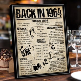 Benjia Geschenk 60 Geburtstag - Back in 1964 Schwarzer Rahmen Gerahmt Poster Germany - Frauen & Männer - Tischbild und Wand-Bild Aufsteller - Persönliches Jubiläum Geburtstagszeitung (20x25cm,Retro)