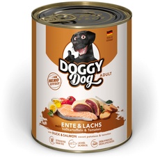 DOGGY Dog Paté Ente & Lachs, 6 x 800 g, Nassfutter für Hunde, getreidefreies Hundefutter mit Lachsöl und Grünlippmuschel, Alleinfuttermittel mit Süßkartoffel und Tomate, Made in Germany