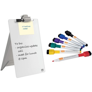 Nobo Set Glas-Whiteboard Desktop-Notizboard + 6er-Pack Mini-Marker, Trocken Abwischbare Glas-Oberfläche, Tragbar, Rahmenlos, 216 x 297 mm, A4, Inkl. abnehmbarem Clip, Brilliant Weiß, 1905173 + 103792