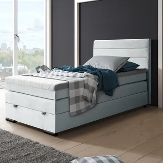 Boxspringbett Tulia 120 x 200 cm Einzelbett mit Topper Bett mit Taschenmatratze und Federkernmatratze Bettkasten, Stoff: mono 232 - Hellgrau - Hellgrau