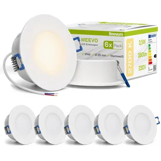 linovum WEEVO 6 Stück IP44 Einbaustrahler LED 230V rund - runde Deckenspots warmweiß 3,5W Bad & Außen - flacher Einbau 29 mm