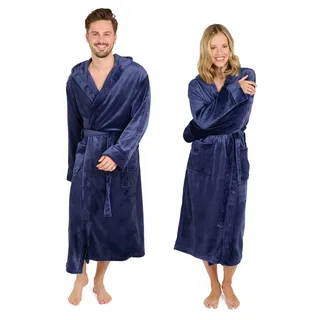Blumtal Bademantel Damen & Herren XL - OEKO-TEX zert. Morgenmantel mit Kapuze, extra flauschig, für Sauna, Dunkelblau-Blau