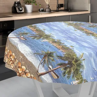 Wachstuch-Tischdecke Tischdecke abwaschbar Wachstuch Garten-Tischdecke Outdoor Indoor Rund 140cm Schnittkante Urlaub