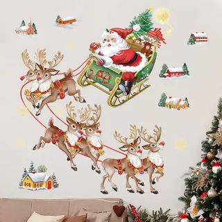 wondever Wandtattoo Weihnachtsmann und Rentier Wandaufkleber Schneeflocken Wandsticker Wanddeko für Weihnachten Party Fenster Weihnachtsdeko