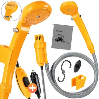 DEUBA monzana® Campingdusche 12V KFZ-Adapter Aufbewahrungstasche 2m Schlauch 5m Stromkabel Handbrause Hundedusche Gartendusche Dusche Tauchpumpe gelb