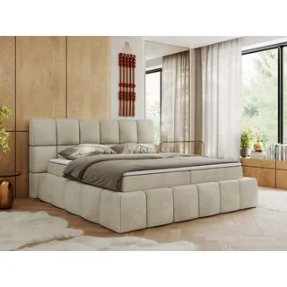 MKS Meble Boxspringbett, Doppelbett NIRA mit dekorativem Kopfteil, Multipocket-Matratze und Topper, Polsterbett mit Bettkästen - 120 x 200 cm - H3 - Beige Velvet - Beige